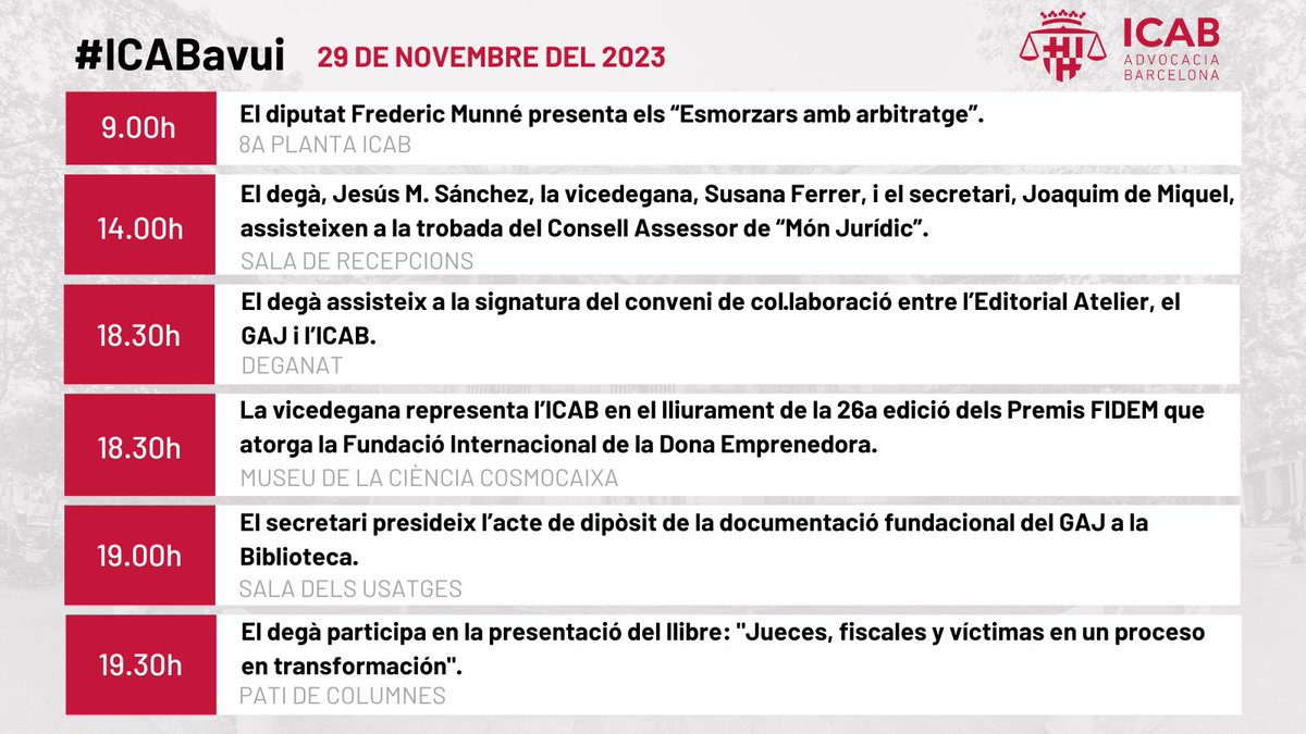 ICABarcelona's tweet photo. #ICABAvui Actes destacats de l'agenda institucional del Col·legi d'avui dimecres 29/11/2023. https://t.co/D2D2eapwbc