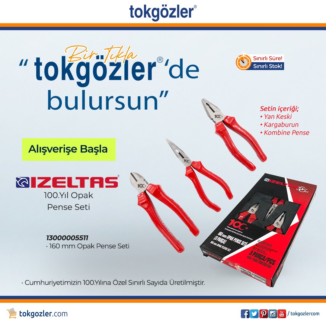 tokgozlercom's tweet photo. İzeltaş 13000005511 100.Yıl 160 mm Opak Pense Seti - 3 Parça ve çok daha fazlasını...
Bir Tıkla "tokgözler'de bulursun"
► https://t.co/Z1afYTMxnJ
#tokgozlercom #İzeltaş #Pense #PenseSeti #ElektrikliElAletleri #ElAletleri #YapıMarket #Hırdavat #tokgözler #toko #Bursa #Türkiye https://t.co/FxxfFoczDr