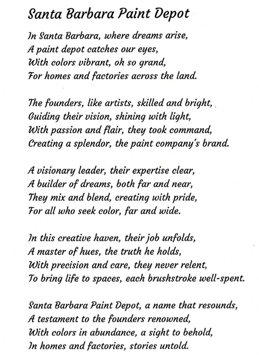 SBPaintDepot's tweet photo. Thank you to OnFloor Technologies for this poem about Santa Barbara Paint Depot! https://t.co/NcxqLIqrhb