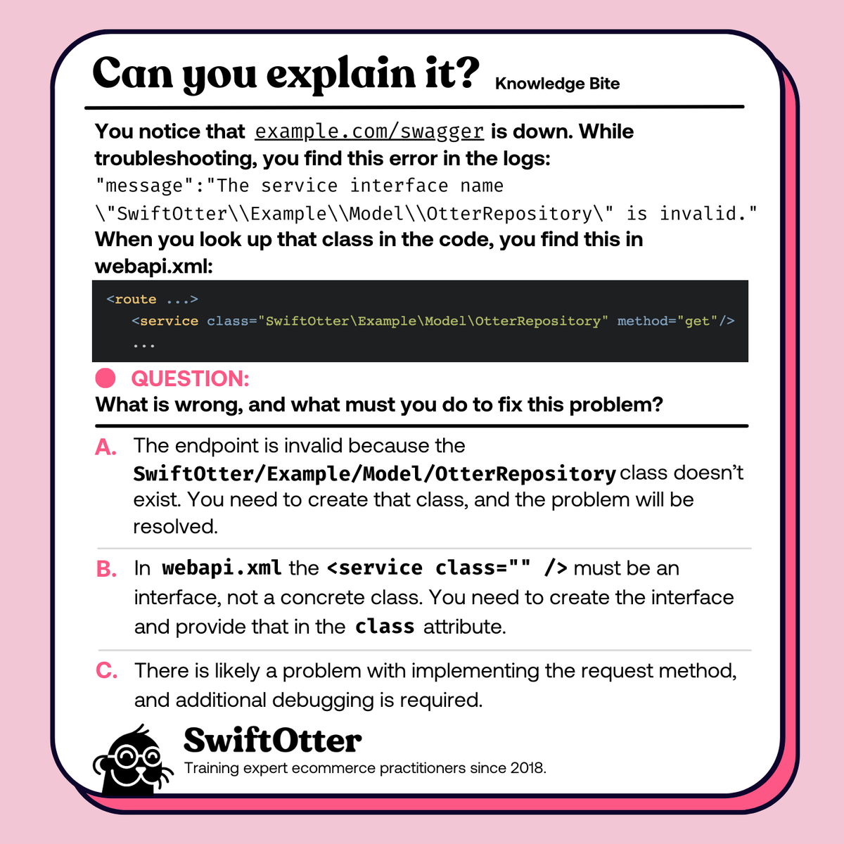 swiftotter_joe's tweet photo. We have another great question from Isaac Phillips this week!
What is wrong, and what must you do to fix this problem?
➡️ Comment with your answer and reasoning.
#swiftotter #magento #magentodeveloper #adobecommerce #weeklypracticequestion https://t.co/IdXrpLsZSN