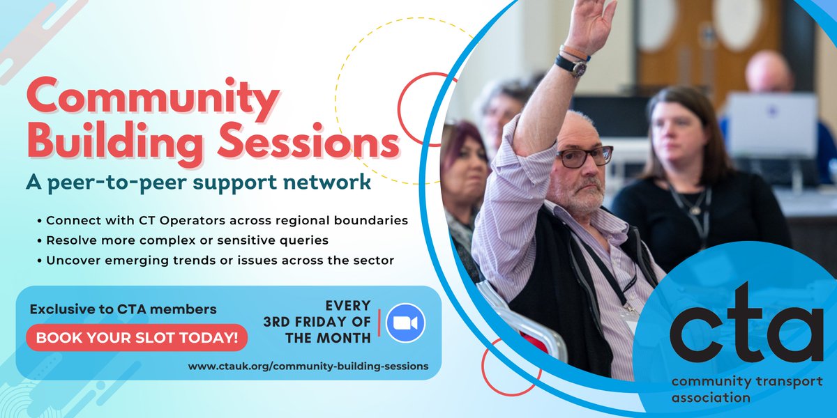 CTAUK1's tweet photo. Don't navigate #CommunityTransport challenges alone. Our #CommunityBuildingSession is your gateway to peer support and industry insights.
Join fellow CTA members at 11am Friday 8 Dec and drive forward collective action: https://t.co/iDLHXpeKi2 https://t.co/rEdSo23eP1