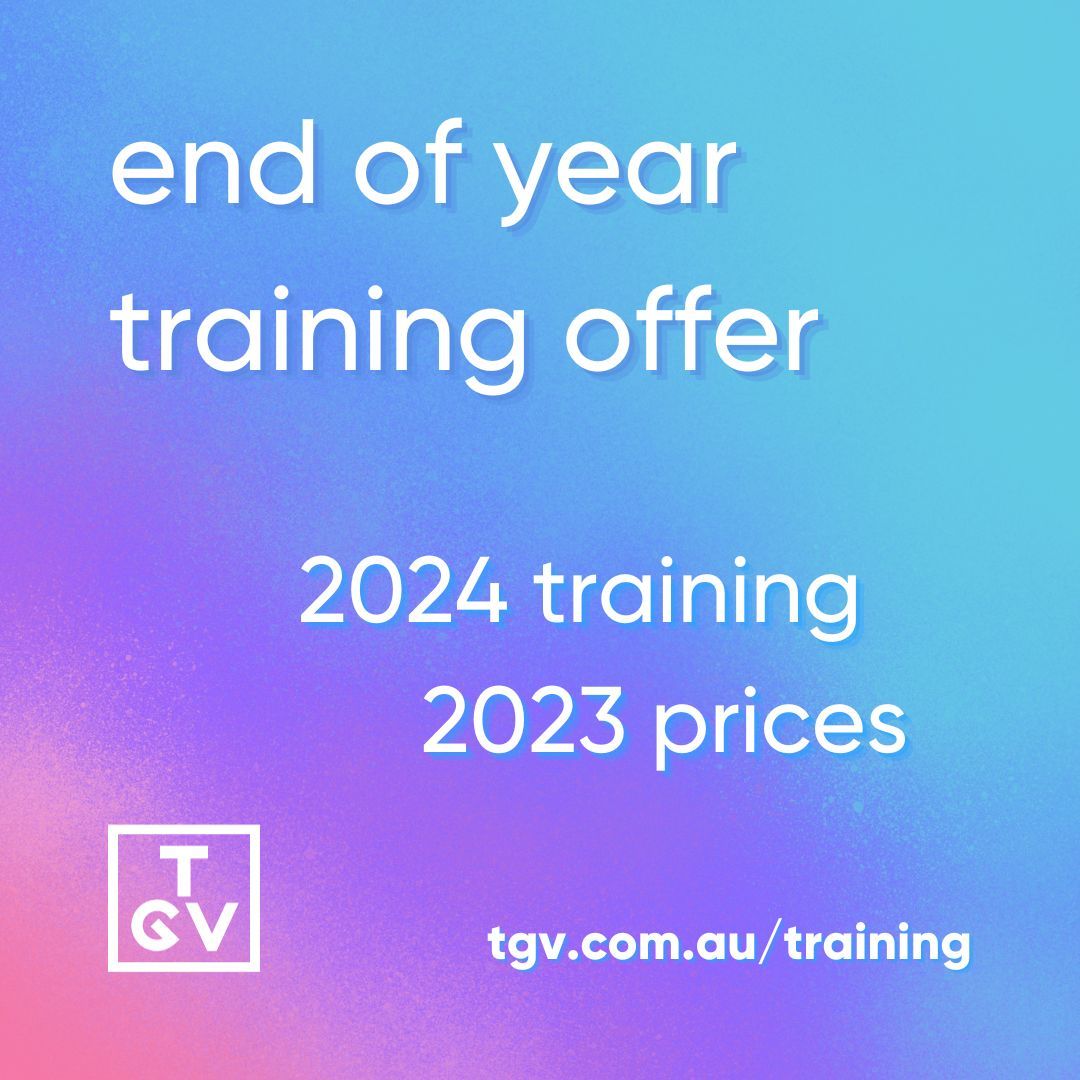 Have you been thinking of booking in some trans awareness training for your business to create a more inclusive workplace?

With our end of year offer, you can book 2024 training for 2023 prices!

Visit tgv.org.au/training to book in some training.