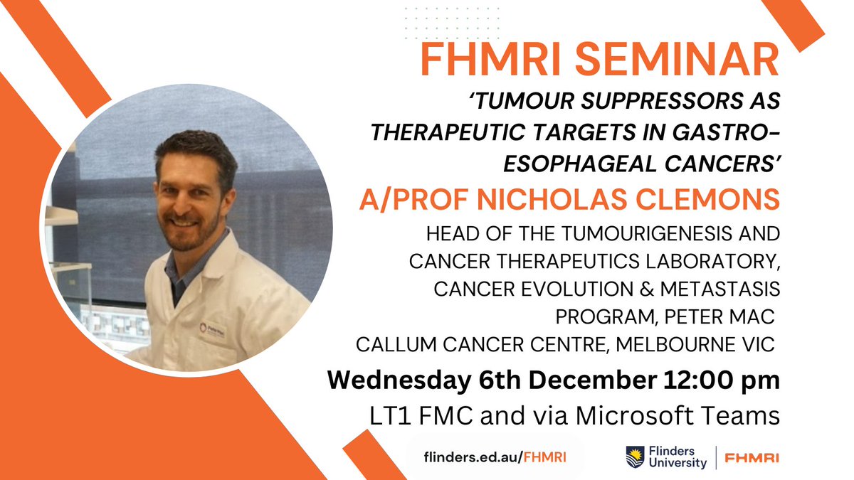 FlindersHMRI's tweet photo. Join us for the final FHMRI Seminar of 2024! A/Prof Nicholas Clemons will be presenting
See details below:
#research #FlindersHMRI #cancer #therapeutics https://t.co/Ap0yMhrHQK