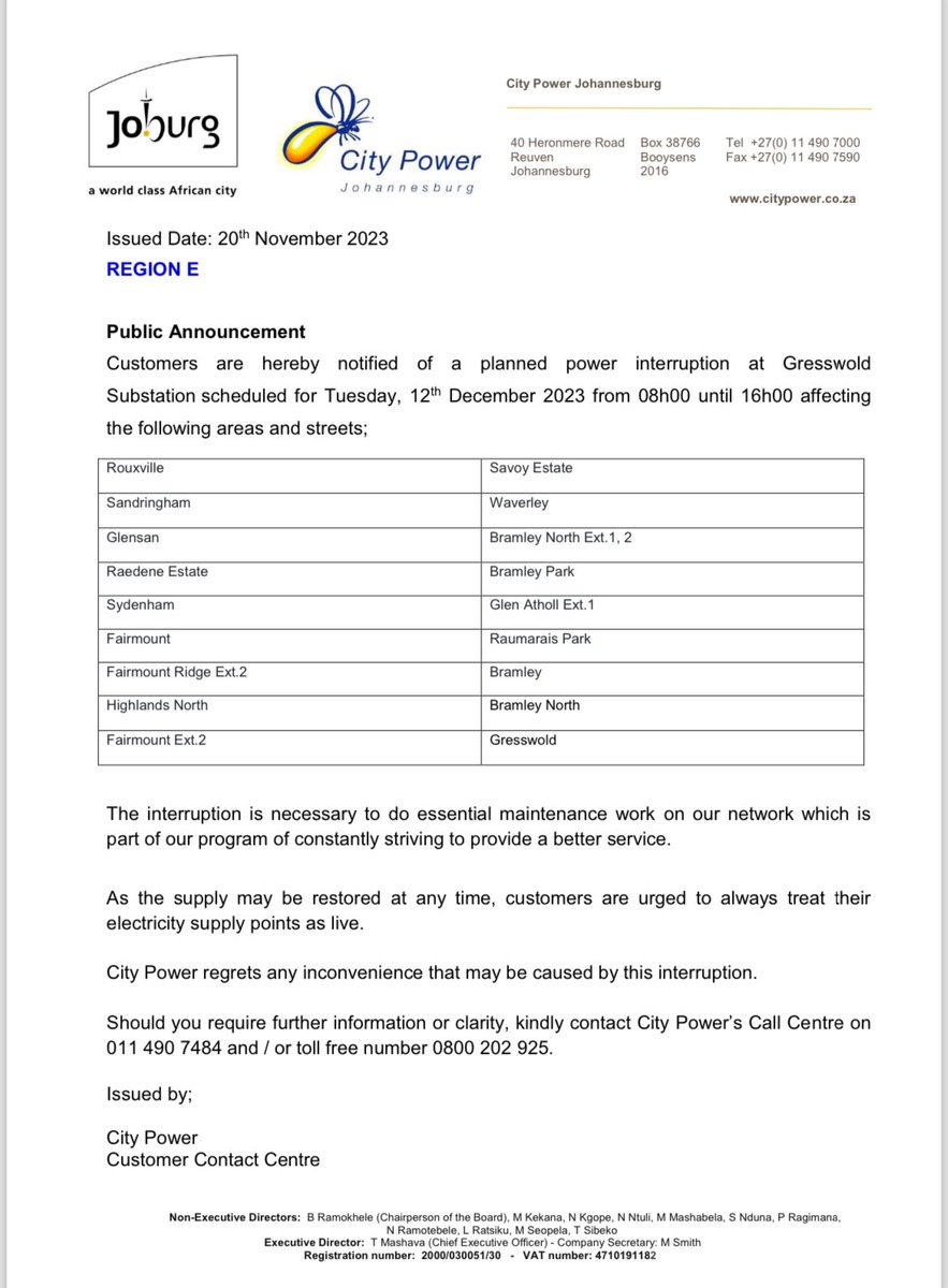 CityPowerJhb's tweet photo. #RegionE 
#PowerInterruption 
#CityPowerUpdates 

📣 Public Announcement. 

Customers are hereby notified of a planned power interruption at Gresswold Substation scheduled for Tuesday, 12th December 2023 from 08h00 until 16h00 affecting the following areas and streets⬇️.^RM https://t.co/Zt4FHEsIGz
