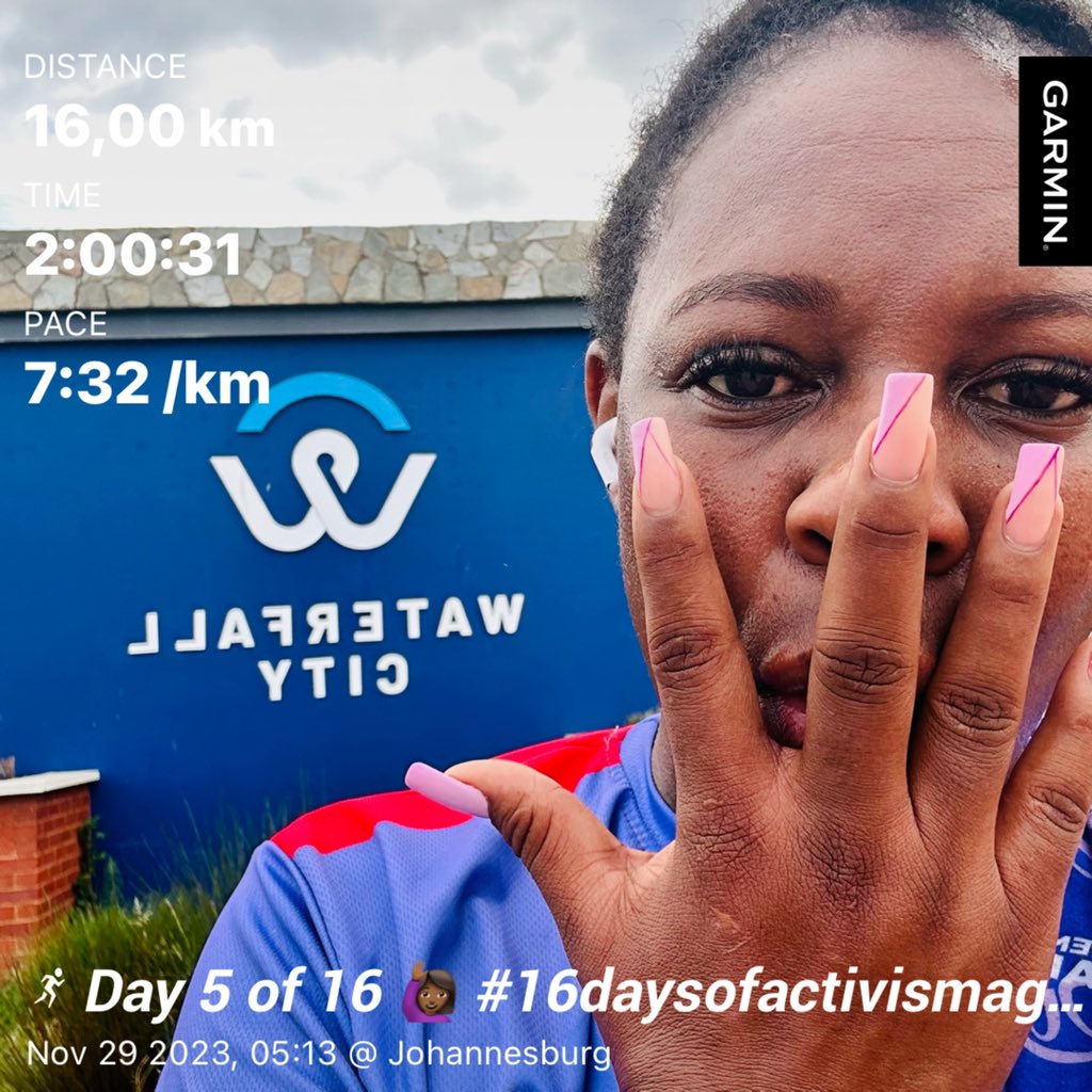 Day 5 of 16 🙋🏾‍♀️ #My16isnotsilent #16daysofactivismagainstgenderbasedviolence #stopGBV #MyActive16 #InHerHonour #WCAC #ReaKitima  #GorgeousRunner #Team200km #RunWithTBag4Charity #RunWithModiegi #RunningWithLulubel #FetchYourBody2023 
#TrapnLos 
#IPaintedMyRun