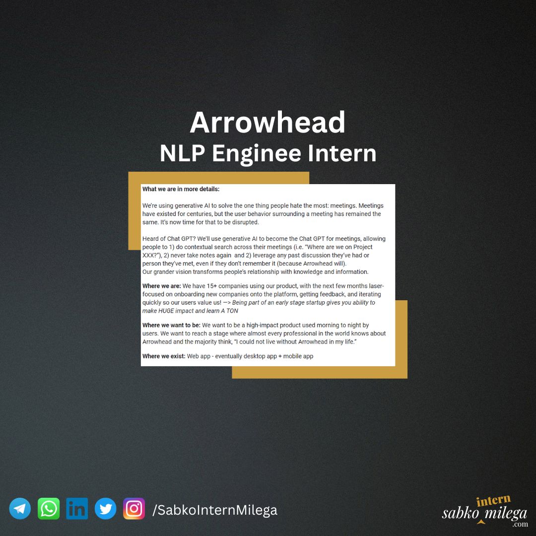sabkointern's tweet photo. Arrowhead | NLP Enginee Intern

Link in comment 👇

#internship #sabkointernmilega https://t.co/E7h7DGC6yk