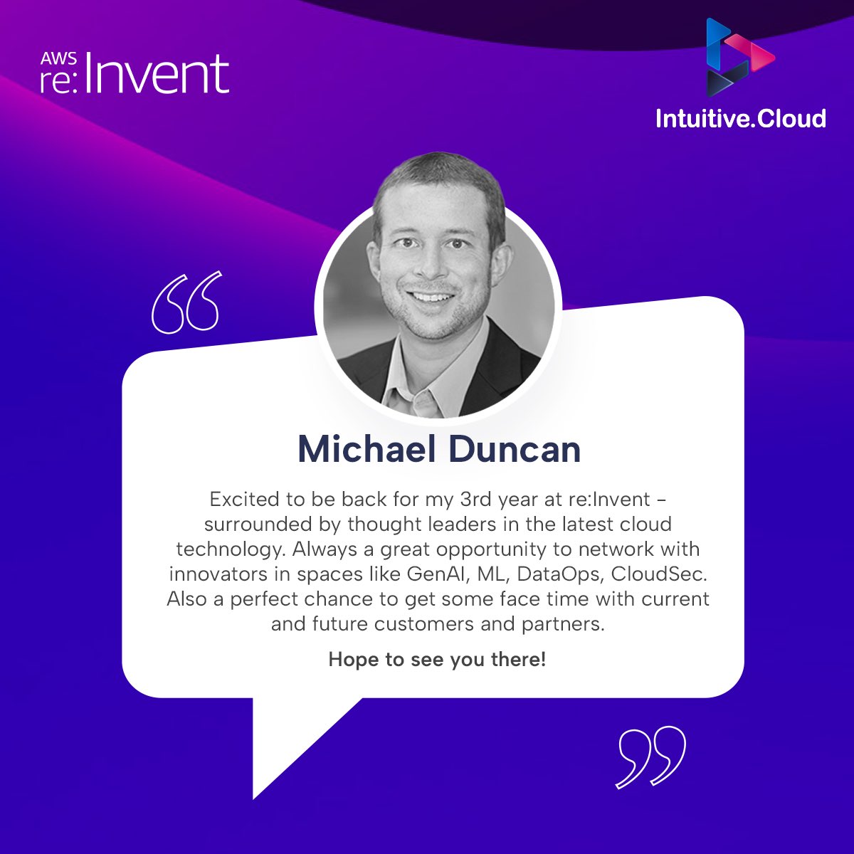 Intuitiveai_'s tweet image. Michael Duncan is back for the 3rd year at #AWSreInvent, diving into the cloud&apos;s cutting edge and looking forward to connecting with industry leaders, clients, and partners.

To pre-book a meeting, write to us at events@intuitive.cloud

#Intuitive #AWS #AmazonWebServices