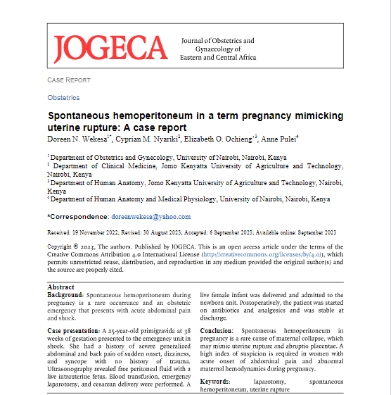 jogecajournal's tweet photo. Spontaneous hemoperitoneum in a term pregnancy mimicking uterine rupture: A case report by Drs. Doreen Nekesa, Cyprian Michieka, Elizabeth Odondi, Anne N. Pulei.
> https://t.co/v7nKsdhna1
#JOGECA #HEMAPERITONEUM https://t.co/sqz5QarVcX