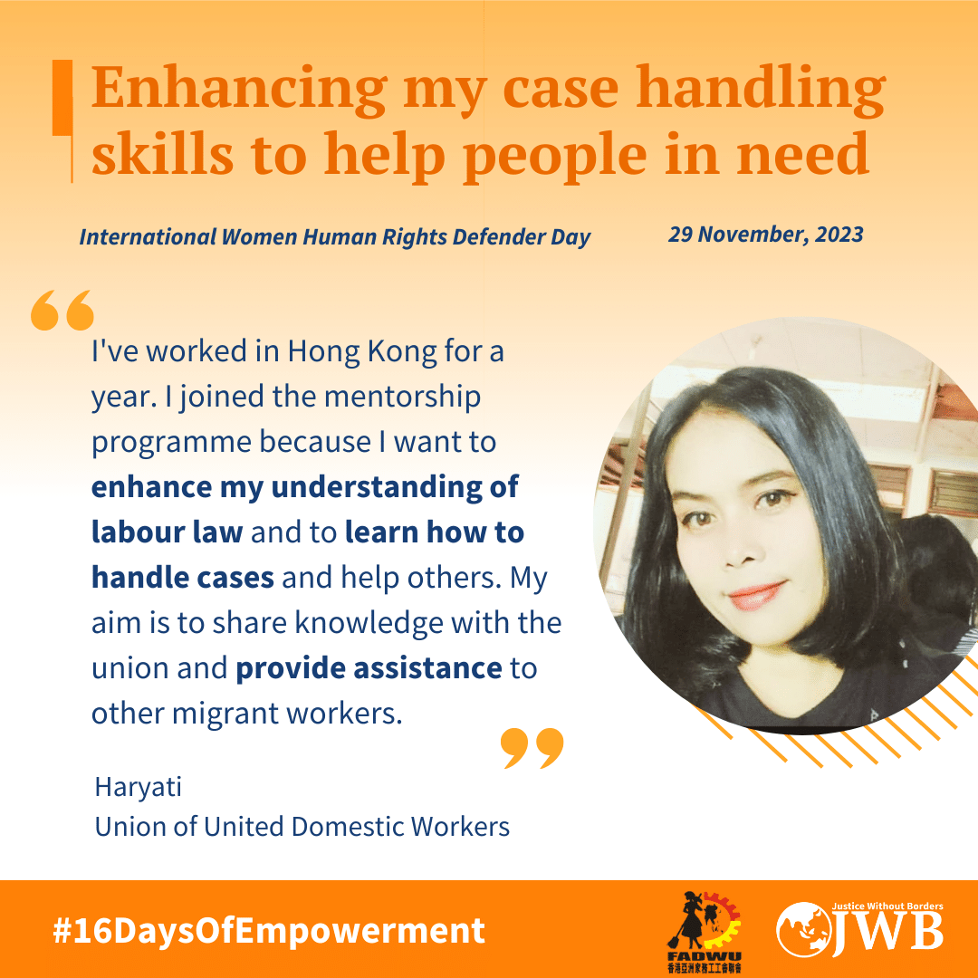 forJWB's tweet photo. On #WHRD2023, We would like to give a shoutout to the mentees from our HK Caseworker Mentorship Programme, whom many are full-time MDWs. Check out what they want to achieve through #HKMP2023 to support their fellow sisters and union work!

#communityempowerment #16Days https://t.co/fV4gb88zFF