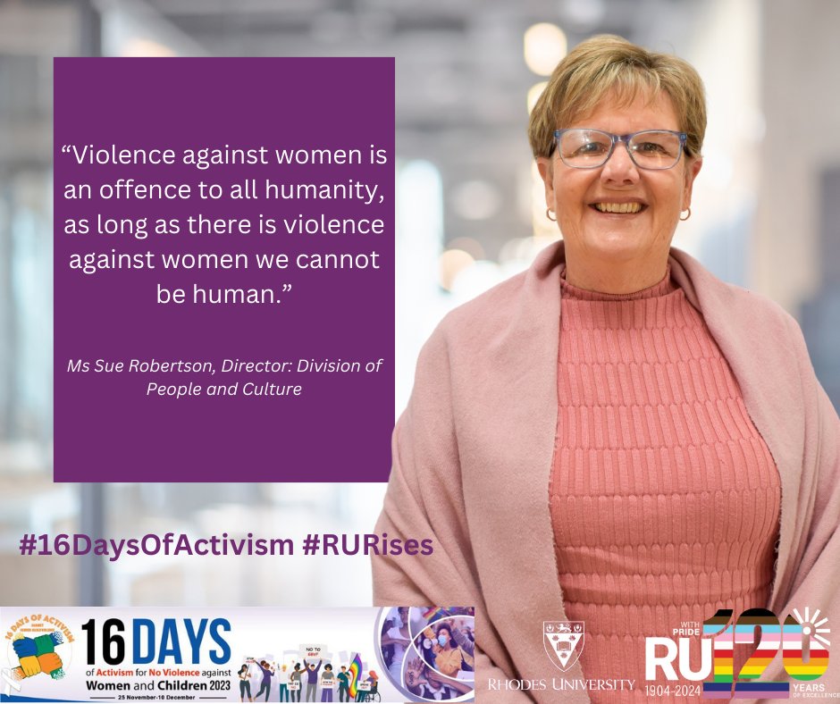 Rhodes_Uni's tweet photo. Raising a universal call for humanity. Ms. Sue Robertson reminds us that violence against women is an offence to all. Our humanity is compromised until we end this violence.

🚫👩‍👧‍👦
#16DaysOfActivism #RURises

Report GBV to m.buso@ru.ac.za or 046 603 8187 https://t.co/J1ice88MiX