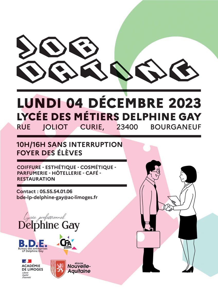 Dans le cadre de la semaine des lycées professionnels, le <a href="/LPDelphineGay23/">Lycée des Métiers Delphine Gay</a> vous accueille le 04 décembre pour deux événements : 👩‍💼👨‍💼un job dating de 10h à 16h ainsi qu’une 💡soirée découverte du lycée de 17h à 20h ! Venez nombreux !