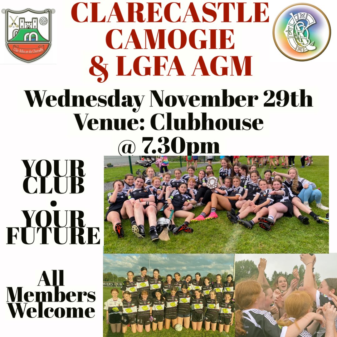 ClarecastleGAA's tweet photo. Reminder Clarecastle Camogie &amp; LGFA Club AGM will be held this evening 

Time: 7.30pm
Venue: Clubhouse

It is important that all coaches, parents and adult players attend. 

Your Club, Your Future.

Please spread the word and get involved. https://t.co/mZ1VkteCFY