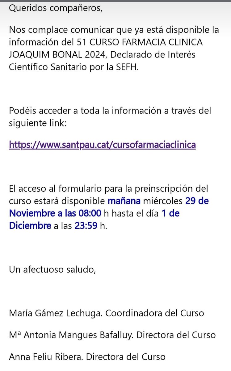 Ha llegado la cuenta atrás para realizar el 51 Curso Farmacia Clínica Joaquim Bonal 2024... Empezamos con la preinscripción del mismo que empieza esta misma mañana. Mil gracias!!!