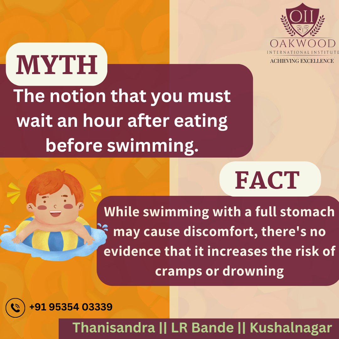 oakwoodinst's tweet image. "Dive into the truth! 🏊‍♂️ Debunking the myth about waiting an hour after eating before swimming. No need to fear the pool after a good meal!#oakwoodinternationalinstitute #affordableschoolinbangalore #kushalnagar #lrbande #thanisandra #achievingexcellence #mythvsfact
