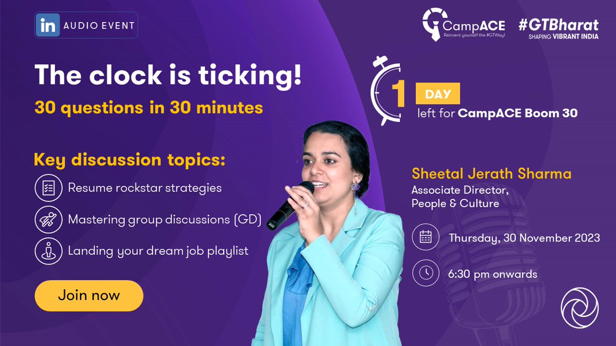GrantThorntonIN's tweet photo. Join Sheetal Jerath Sharma, Associate Director, People and Culture at #GTBharat, on 30 November 2023, for the third edition of #Boom30, an insightful LinkedIn audio event held on the 30th of every month for 30 minutes.
Register: https://t.co/q7BIZeDf2K
#CampACE #LinkedInAudio https://t.co/BT5R49GdVz
