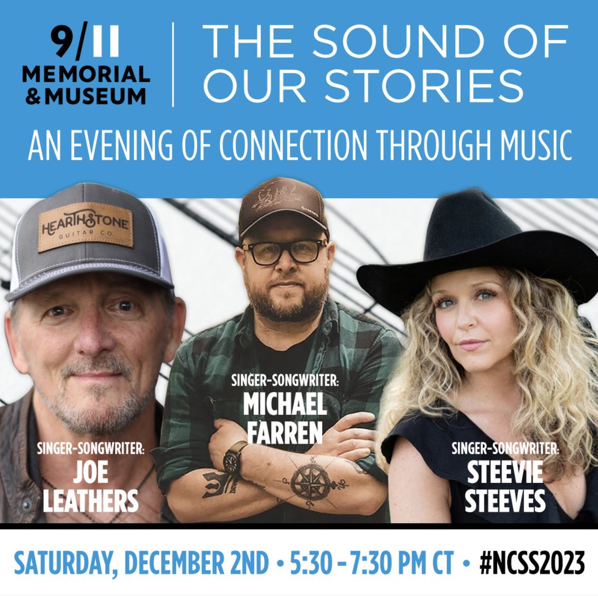Don't miss Grammy-winning Nashville songwriters live at @Sept11Memorial 'Sound of Our Stories: An Evening of Connection through Music' on @NCSSNetwork on Saturday, December 2, 5:30 p.m.