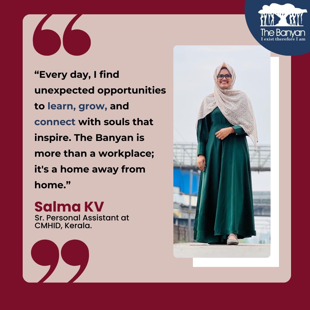 banyanbalm's tweet photo. Meet Salma, Sr. Personal Assistant at CMHID Kerala. 
From forging lasting #connections to defining her true calling, Salma's story is a testament to the deep roots we nurture at #thebanyan. 

#empathy #truecalling https://t.co/YJHp80Fvtm