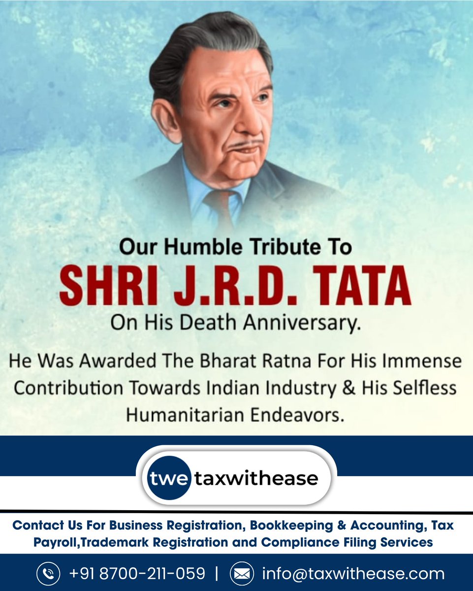 Remembering with deep admiration the life and achievements of Mr. JRD Tata. Your legacy remains a beacon of inspiration . #remember #inspiration #beacon #legacy #tata #achievement #taxwithease