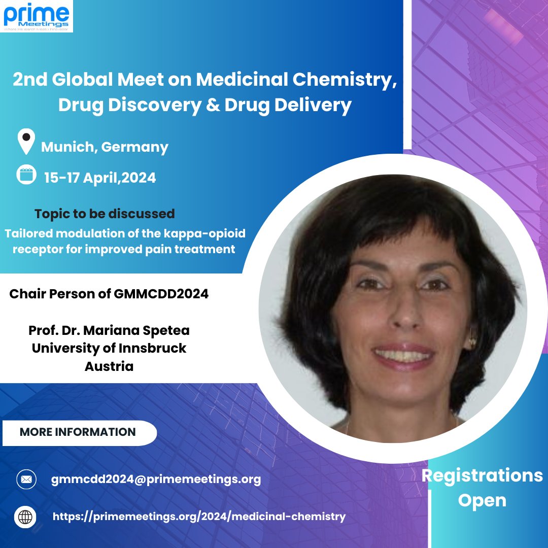 Jessica_15_24's tweet photo. We are happy to announce as a Chair  Prof. Dr. Mariana Spetea
Don’t miss out the #Presentation of Prof. Dr. Mariana Spetea #GMMCDD2024
Book your slot now at: https://t.co/QtTobnbXFH
Contact Mail: gmmcdd2024@primemeetings.org
#MedicinalChemistry #DrugDiscovery #drugs #drugtesting https://t.co/pPx9X20bJt