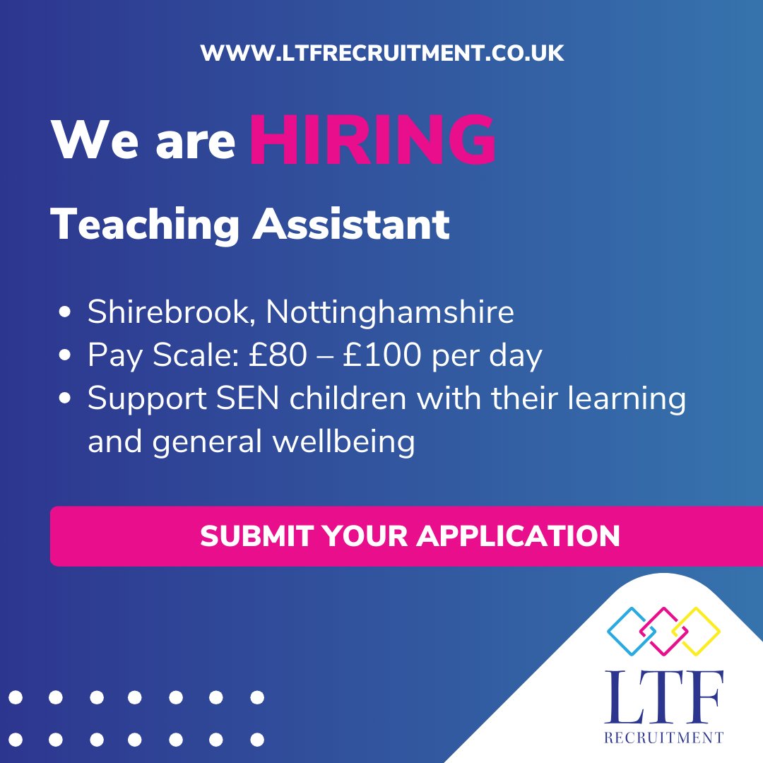 LTFRecruitment's tweet image. LTF is recruiting a Teaching Assistant in the Nottinghamshire area. The applicant will be working with SEN students whilst helping to develop their learning

bit.ly/49XVha6
#teacherjobs #teachingassistantjobs #teaching #teacher #recruitment