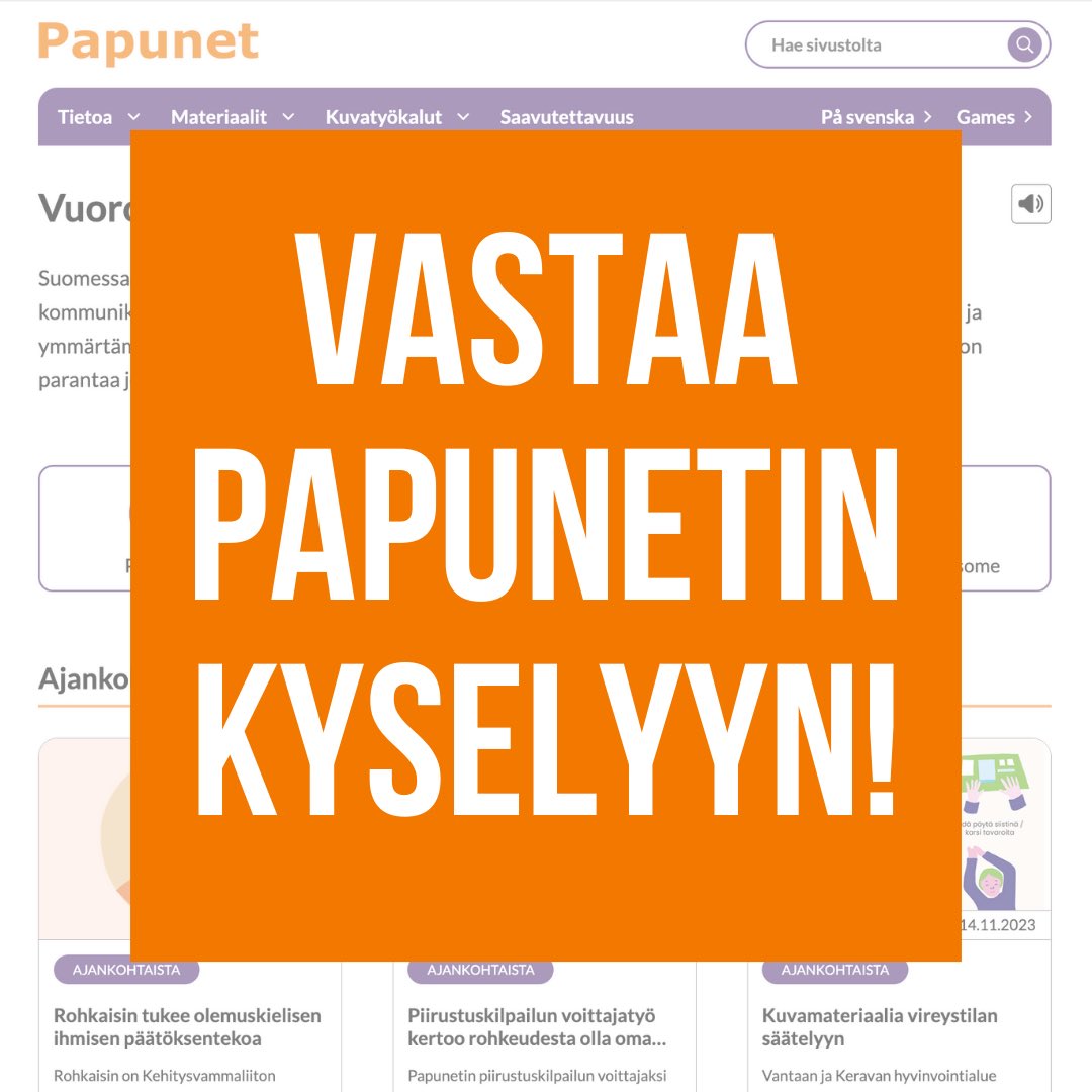 Vastaa kyselyyn, ja kerro meille mitä mieltä olet Papunetista! Kyselyyn pääset osoitteesta link.webropol.com/s/papunet2023. Vastauksesi on meille tärkeä, kiitos 🧡 #papunet #vuorovaikutus #kommunikointi <a href="/KVLiitto/">Kehitysvammaliitto</a>