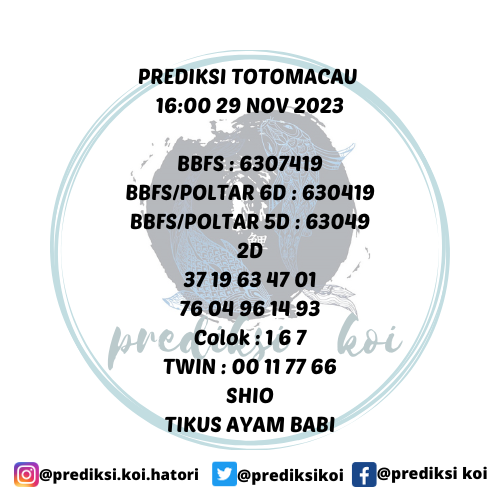 prediksikoi's tweet photo. PREDIKSI TTM 16:00
29 NOV 2023

⚠️Tetap UPS⚠️
NO MAHAR | NO BERBAGI | 100%GRATIS.
info pasaran lain chat aja. GRATIS.

#prediksimacau #angkatogel #togelmacau  #angkamaintogel #kepritogel #togeljitu #togelonline #togelslot #togelterpercaya #togelaman #angkajp https://t.co/sO5AWvufGf