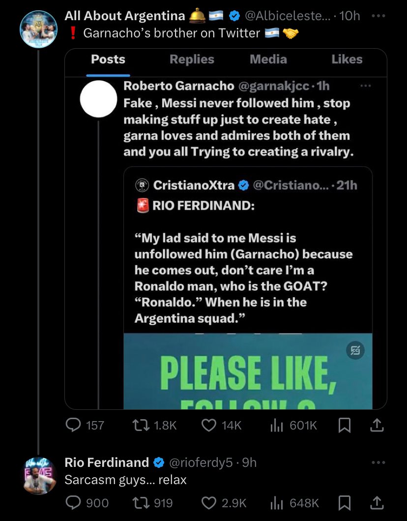 chaaliiykay's tweet photo. what a clown! if the brother never came out to say messi never followed garnacho we wouldn’t know it’s “sarcasm”.

ronaldo fans were already running agendas on the “sarcasm”

😂😂😂😂 https://t.co/ArPxaEhzja
