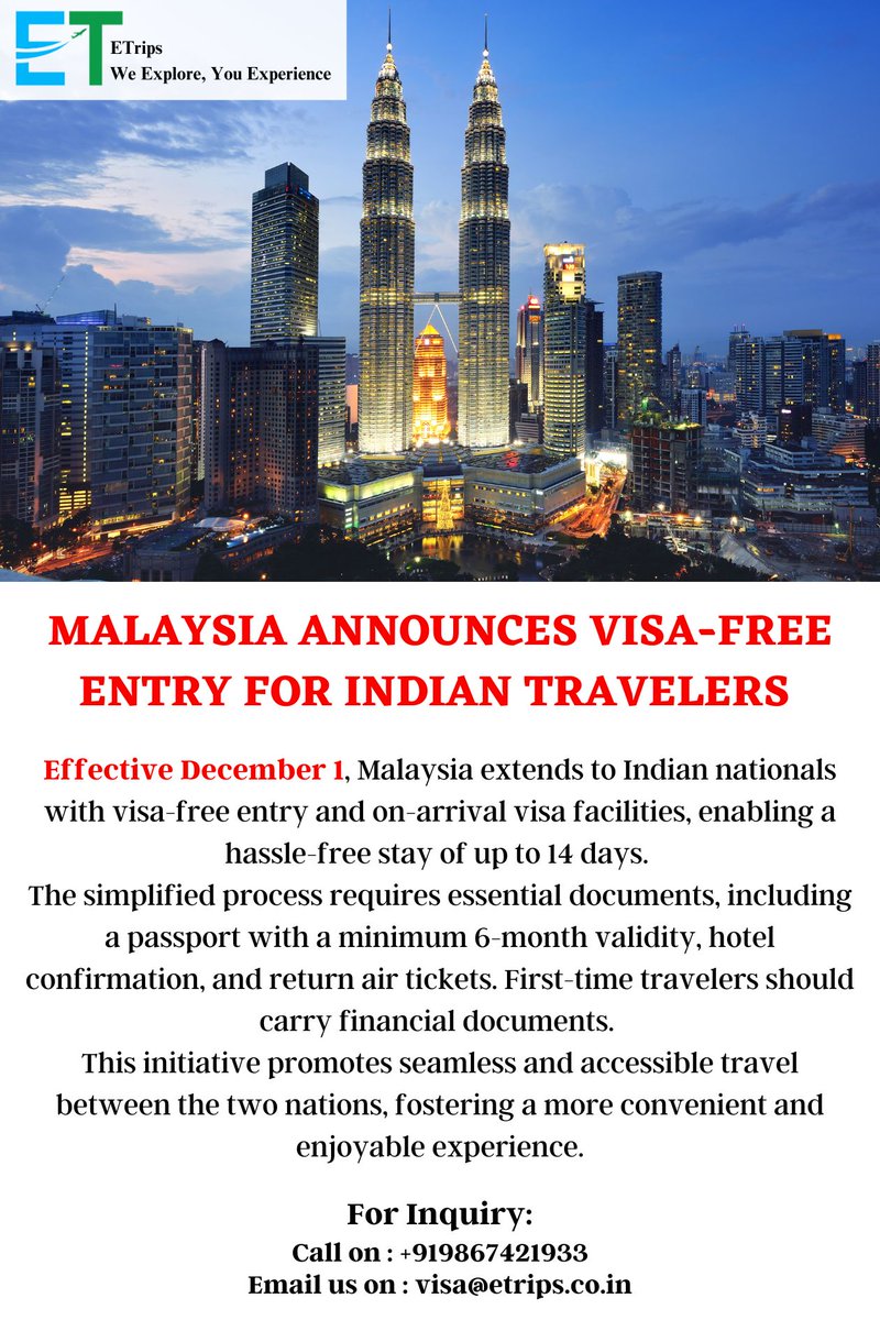 Malaysia Announces Visa-Free Entry for Indian Travelers
#MalaysiaWelcomesIndia #VisaFreeTravel #HassleFreeStay #etrips #flightbooking #hotelbooking #tourpackage #booknow #SeamlessJourney #TravelConvenience #ExploreMalaysia #IndianTravelers #VisaFreeAccess #TravelSimplified #visa