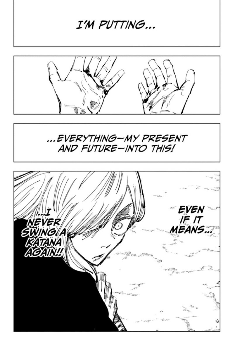 Go_Jover's tweet photo. Miwa's binding vow in Shibuya. She put everything in that one shot against Kenjaku

Due to this she can't wield Katana anymore #JJKSpoilers #JJK244 https://t.co/iTvfpYPIjV