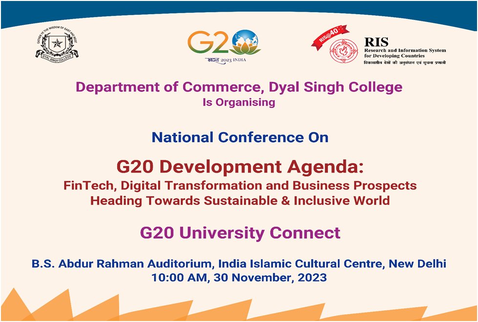 Unpacking the landscape of the G20 Development Agenda, with a spotlight on Fintech, Digital Transformation, and Business Prospects. Join us for the conversation! organised by: @DSC_DU @RIS_NewDelhi #Fintech #DigitalTransformation #Sustainability #G20UniversityConnect