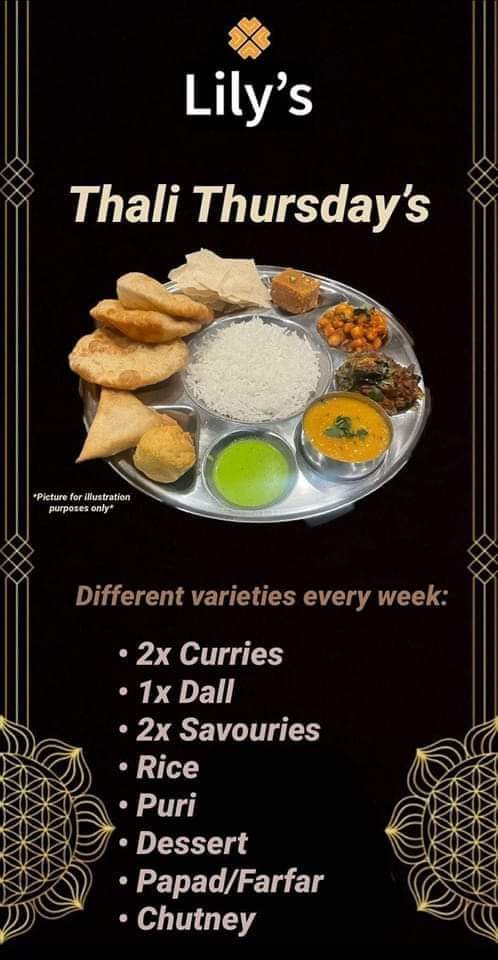 Here we are guys our Thursday Thali Menu for tomorrow 30th November 2023😊

Muter Paneer  - a rich, flavorful &amp; tasty paneer &amp; peas curry.
Aloo Palak 
Yellow Mung Dall 
Bhatura 
Jeera Rice 
Vegetable Cutlet 
Onion Bhajiya 
Barfi
Papad/FarFar
Chutney 
Only £14.99pp, no sharing