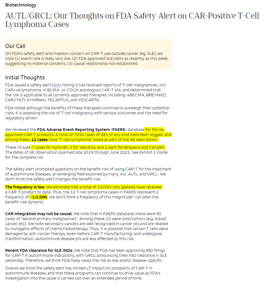 BiotechAnalysst's tweet photo. $CABA $AUTL $GRCL
FAERS database for 6 approved CAR-T products
7934 cases of AEs of any kind have been logged
** 12 cases ** have "T-cell lymphoma" listed as part of AE description
These include
7 cases for #Kymriah
3 for #Yescarta
1 each for #Breyanzi and #Carvykti https://t.co/d45xUzZj0x