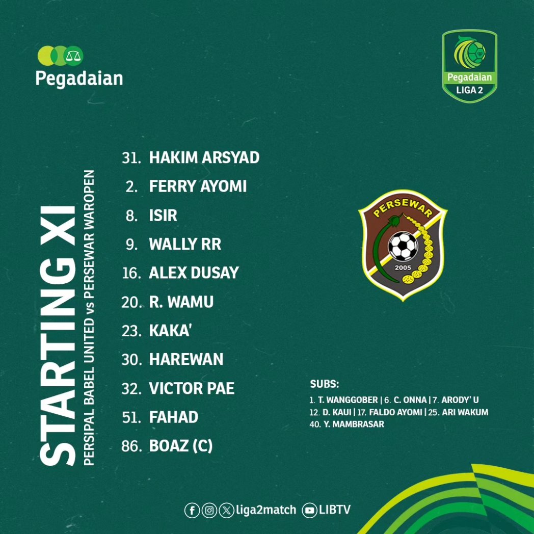Liga2Match's tweet photo. Daftar Susunan Pemain
PERSIPAL Babel United vs PERSEWAR Waropen
📲 Geser untuk fakta menarik
MengEMASkan Indonesia bersama Pegadaian Liga 2-2023/24
#PegadaianLiga2202324
#MengEMASkanSepakbola
#BringTheChampion
#PALWAR https://t.co/CLnfCaS2td