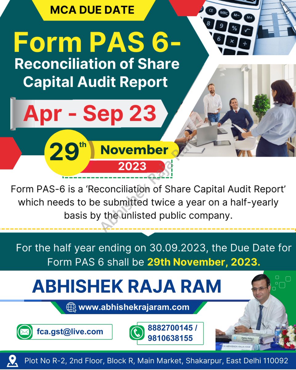 abhishekrajaram's tweet image. MCA DUE DATE
Form PAS 6
Reconciliation of Share Capital Audit Report Apr-Sep 23

#FormPAS6 #MCA #MinistryOfCorporateAffairs #CompaniesAct #ShareCapitalAudit #ShareholderReporting