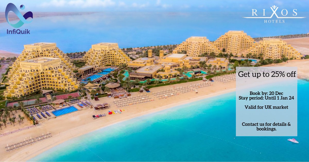 InfiQuik's tweet photo. Get up to 25% discount on @RixosBabAlBahr #RasAlKhaimah until 1st Jan 2024.
Book by 20th Dec 2023 for min. 3 nights.
Offer valid for UK & Ireland markets only.
#unitedkingdom #Ireland #infiquik #nationalday #UAENationalDay https://t.co/fZ6jBhgMe6