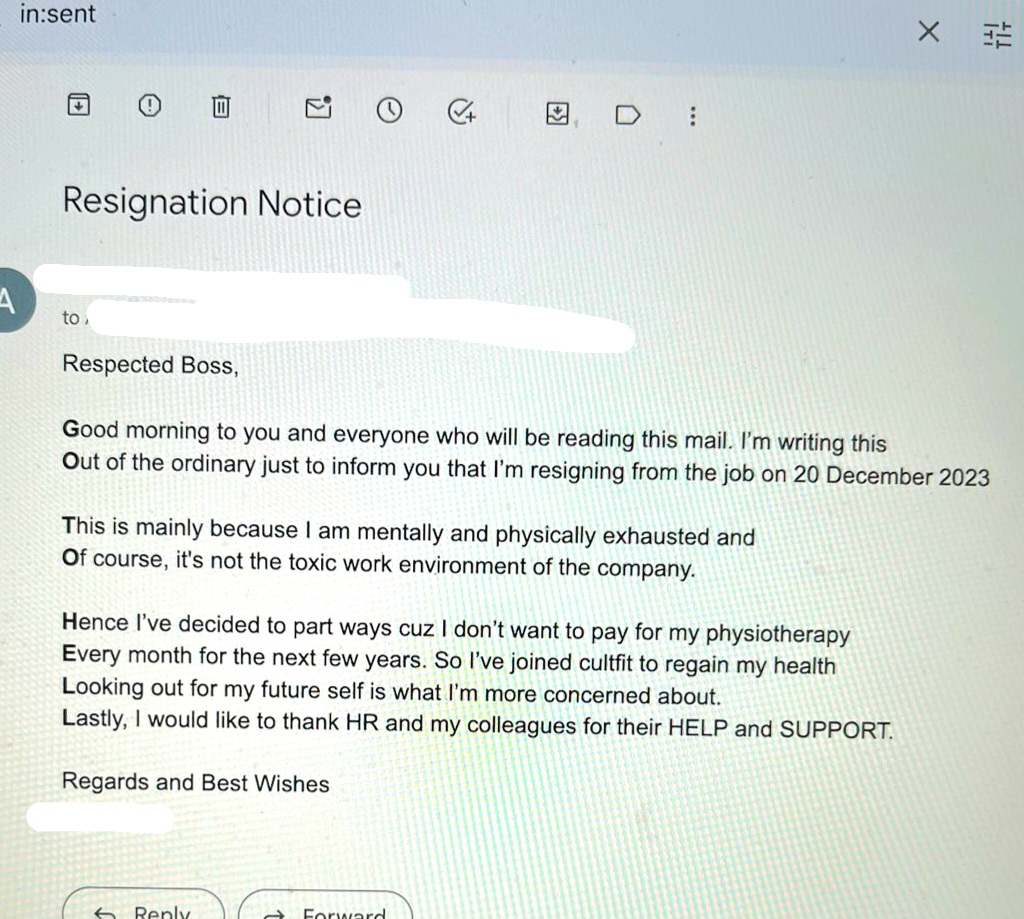 Can’t believe my friend sent this resignation mail 😭 (read first letter of every line)