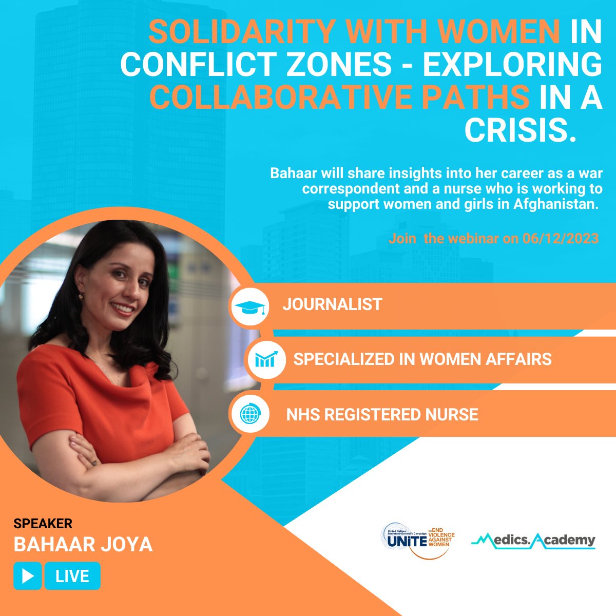 Bahaar Joya ( <a href="/BahaarJ/">Bahaar Joya</a> ) is an NHS nurse and a freelance journalist specialising in women’s affairs.

Join the webinar on 06/12/2023.

To Register for the event - link.medics.academy/lets-end-GBV-w…

#Orangetheworld #NoExcuse #16Days

<a href="/HLA_int/">The HLA</a> <a href="/UN_Women/">UN Women</a>, <a href="/Reuters/">Reuters</a>
