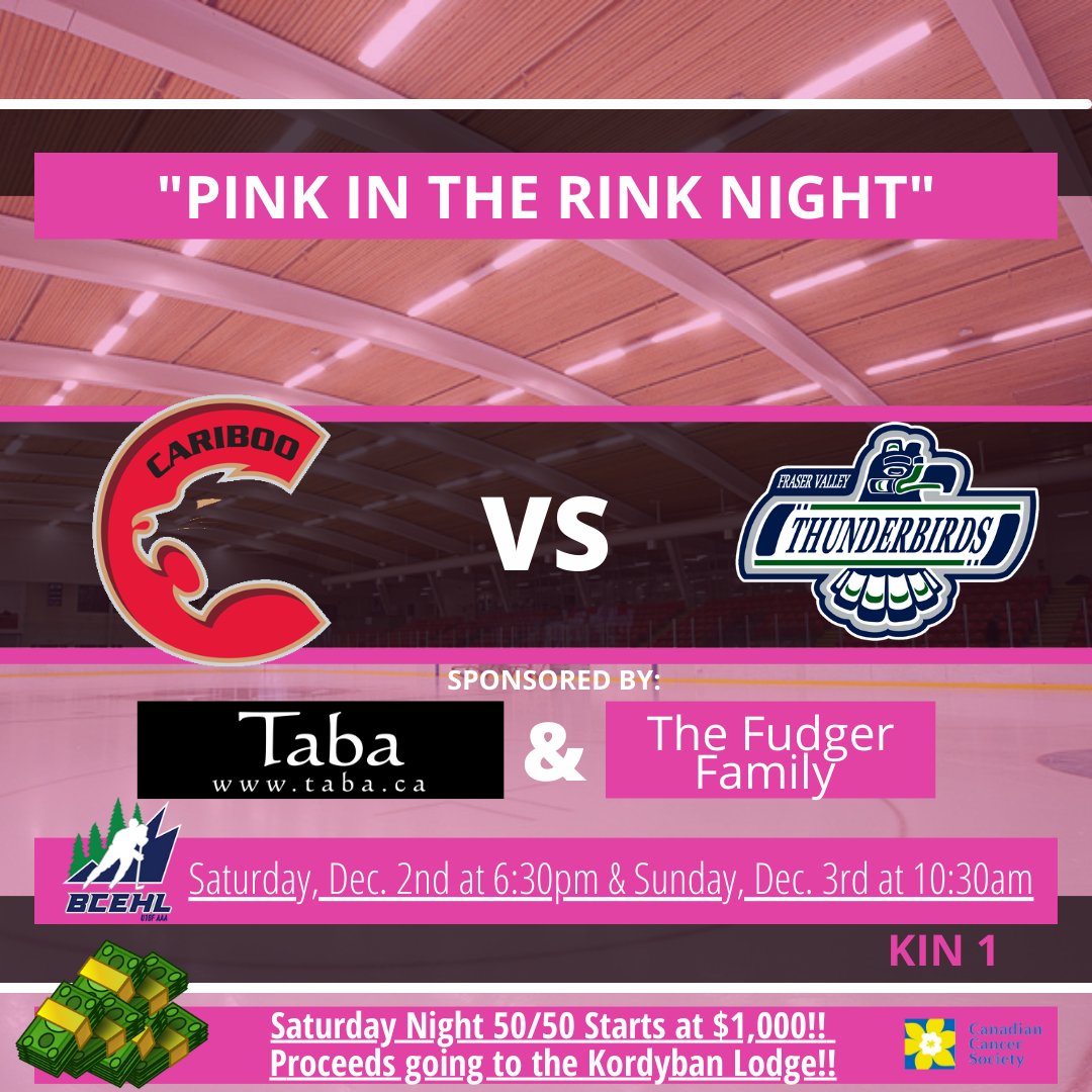 Come join us Saturday night for our 10th annual Pink In The Rink game! We will have the Fanboni between periods courtesy of the Prince George Cougars! You will not want to miss it! 💥

#WeAreTheNorth