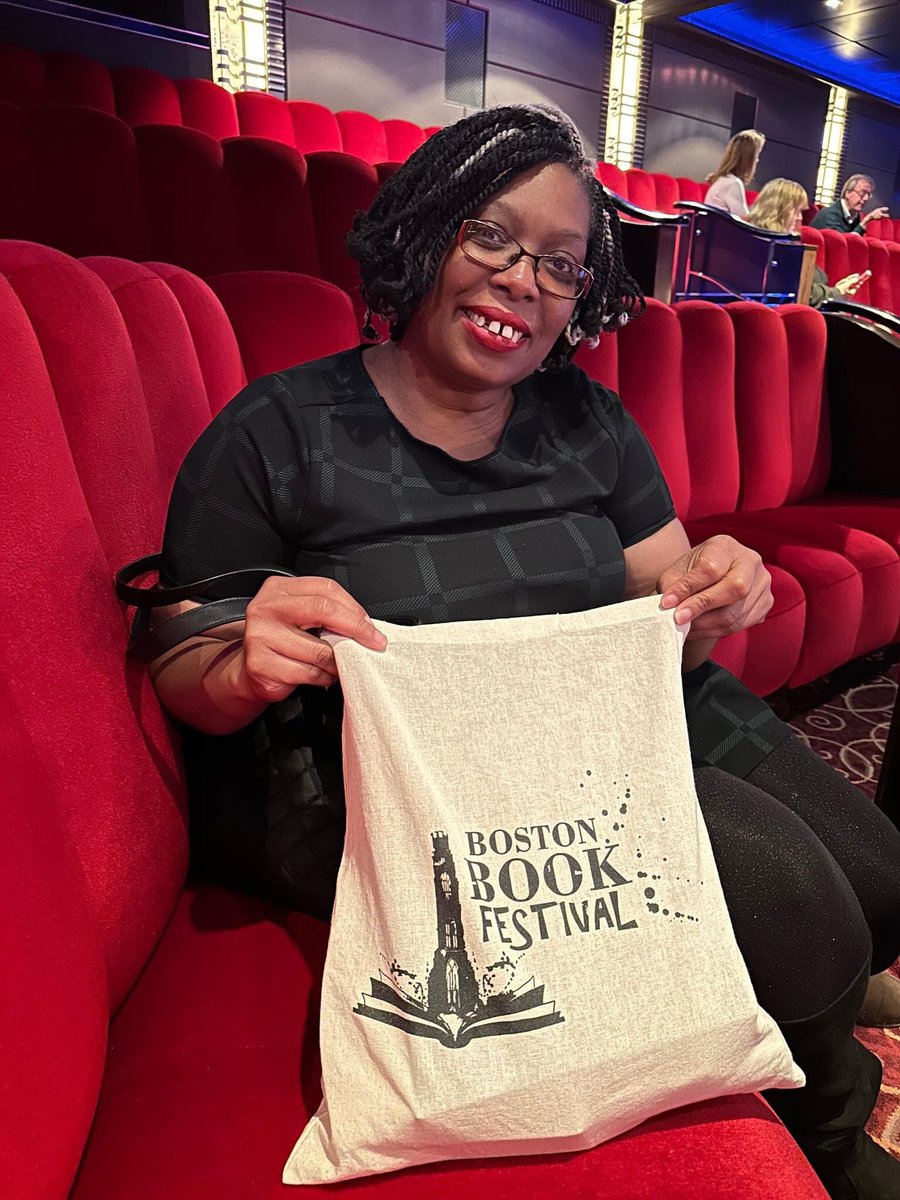When you accost one of the authors at Cheltenham Literature Festival at sea and ask them to hold your bag!
American writer (and no, she didn’t know there were two Bostons) called <a href="/YBattleFelton/">Yvonne Battle-Felton</a>, lovely lady. #BostonBookFestival #TravellingBag