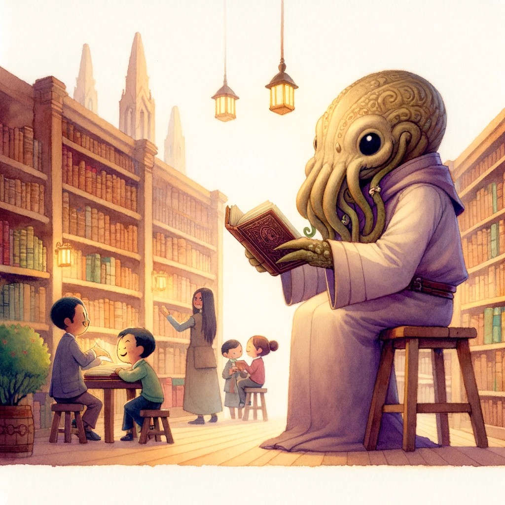 AI_Made_Artwork's tweet photo. In the library's hush, wonder unfurls. Spot our Lovecraftian pal amidst the tales, a quirky whisper among the quiet.
--- ✧ --- ✧ --- ✧ ---
#EldritchAdventures #MythicalMondays #EnchantedReading #AIStorytelling #LiteraryEscapes #QuietCorner #DigitalStorybook #TechNarratives https://t.co/KlBvIte60M