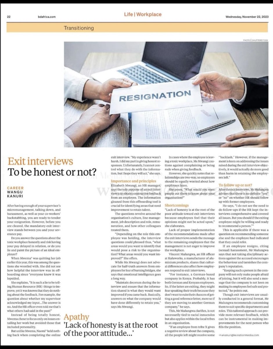 LindahMbaisi's tweet photo. Exit interviews are as crucial as hiring ones.
Found this article on #ExitInterviews by @kanuri_wangu very interesting.
It’s was published a week ago on Business Daily and it is very much worth reading!
Link : https://t.co/liODQinmHH https://t.co/hRnTA6Wshx