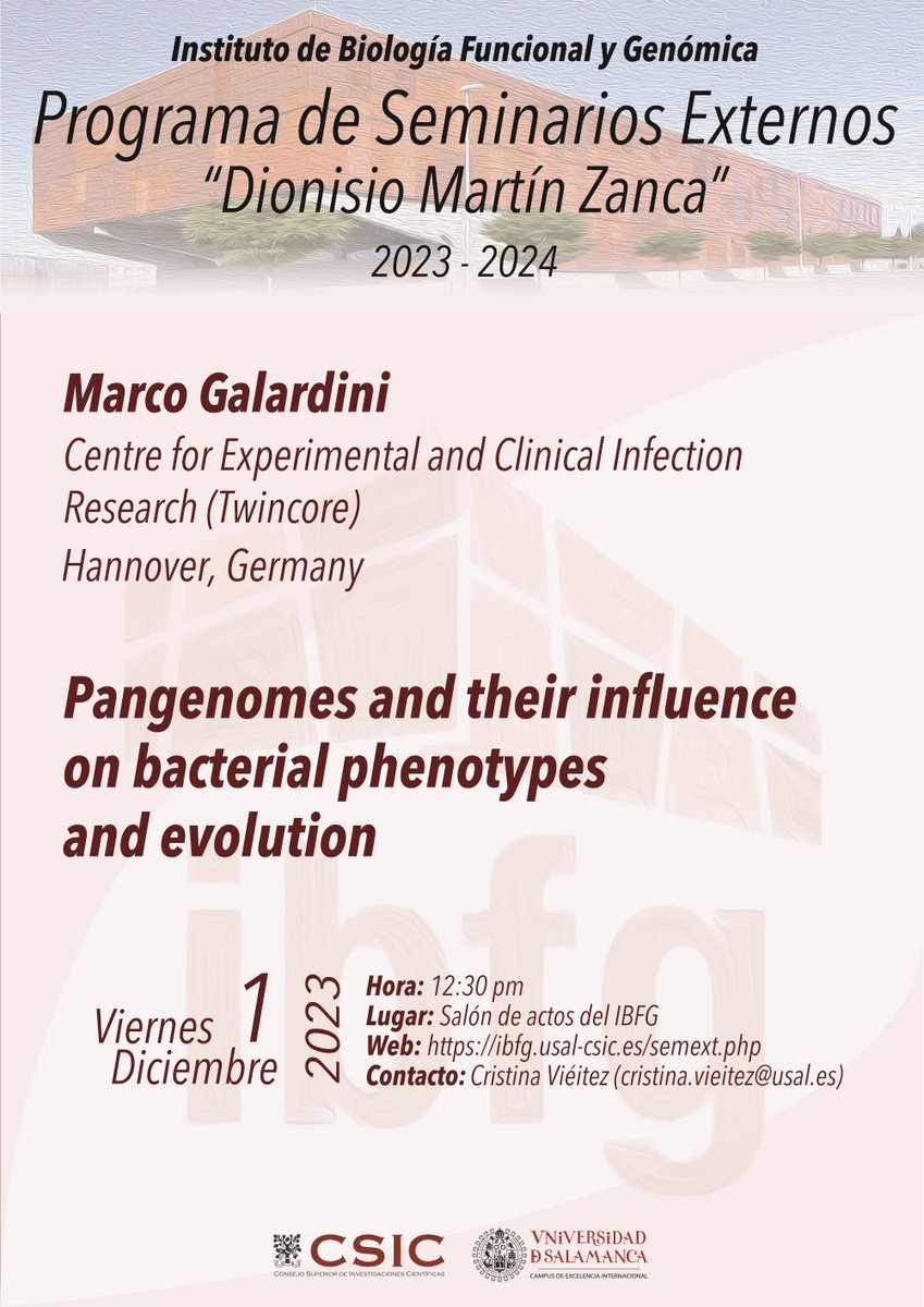 IBFG (@ibfg_es) on Twitter photo #IBFG_External_Seminar | Next Friday we will hold a #seminar entitled "Pangenomes and their influence on bacterial phenotypes and evolution" by Marco Galardini (<a href="/mgalactus/">Marco Galardini</a>) from <a href="/TWINCOREtweets/">TWINCORE (inaktiv)</a>.
🔑Free Access
⌚️12.30 pm
📍 IBFG Conference room
More info⬇️ #IBFG_External_Seminar | Next Friday we will hold a #seminar entitled "Pangenomes and their influence on bacterial phenotypes and evolution" by Marco Galardini (<a href="/mgalactus/">Marco Galardini</a>) from <a href="/TWINCOREtweets/">TWINCORE (inaktiv)</a>.
🔑Free Access
⌚️12.30 pm
📍 IBFG Conference room
More info⬇️