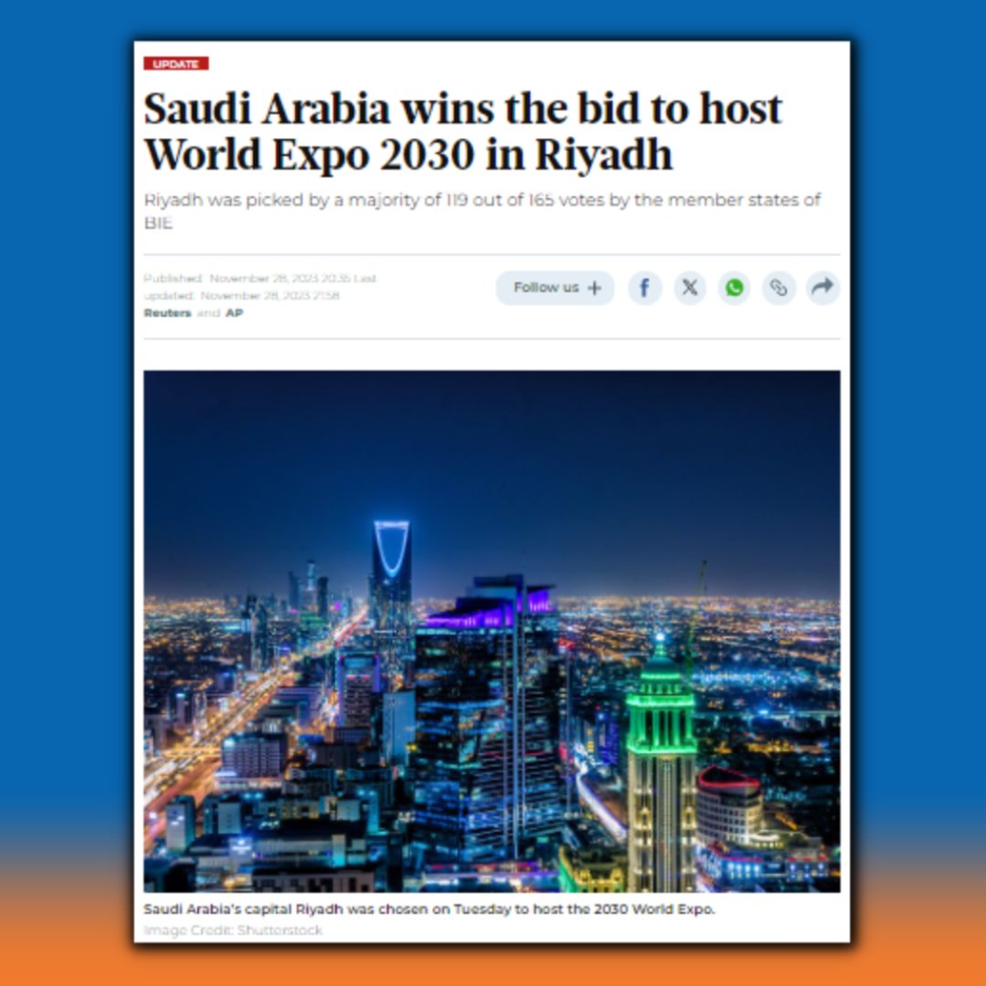 Officially: Saudi Arabia and its capital, Riyadh, are the world's destination at Expo 2030 🇸🇦

READ MORE: gulfnews.com/business/saudi…

#expo2030 #saudivision2030 #riyadhexpo2030 #RiyadhKSA #WorldExpo