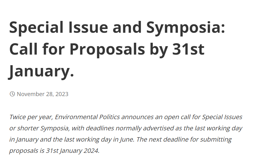 Env_Pol's tweet photo. New post! It's time for our Special Issue and Symposia call for proposals. Deadline is 31st January.
Details via this link: 
https://t.co/cu6oHGV6sY https://t.co/xlPcUrRjPy