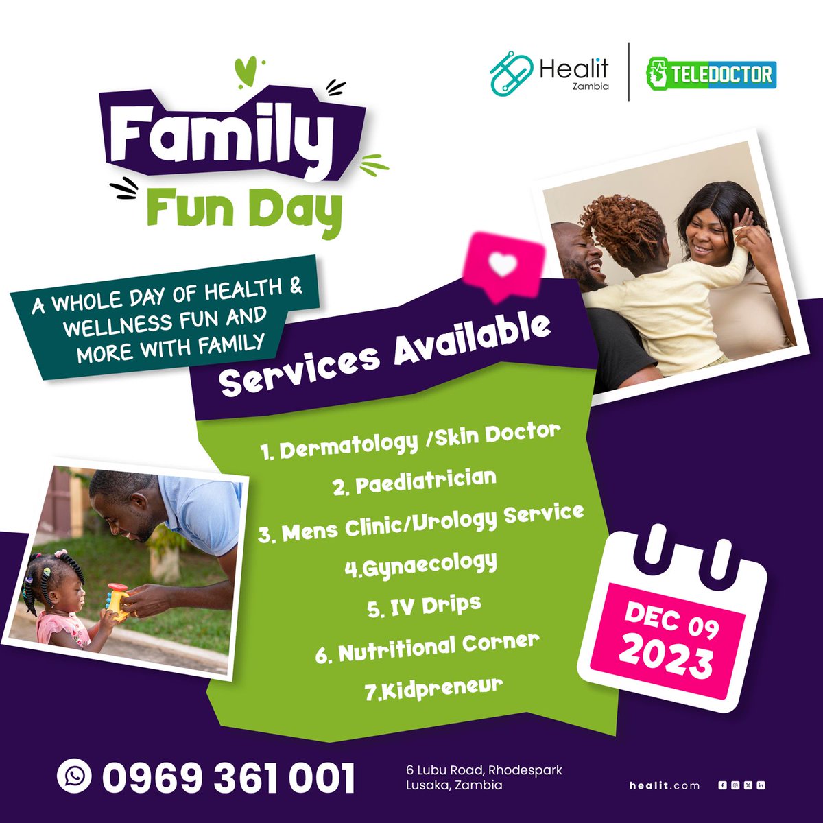 Tis the season for family and friends. Teledoctor and @HealiTZambia  extend an invitation to ENJOY a day filled with family fun & health. Join us for a comprehensive health check for all in the family, and delight in activities For inquiries and bookings, reach us at 0969361001.