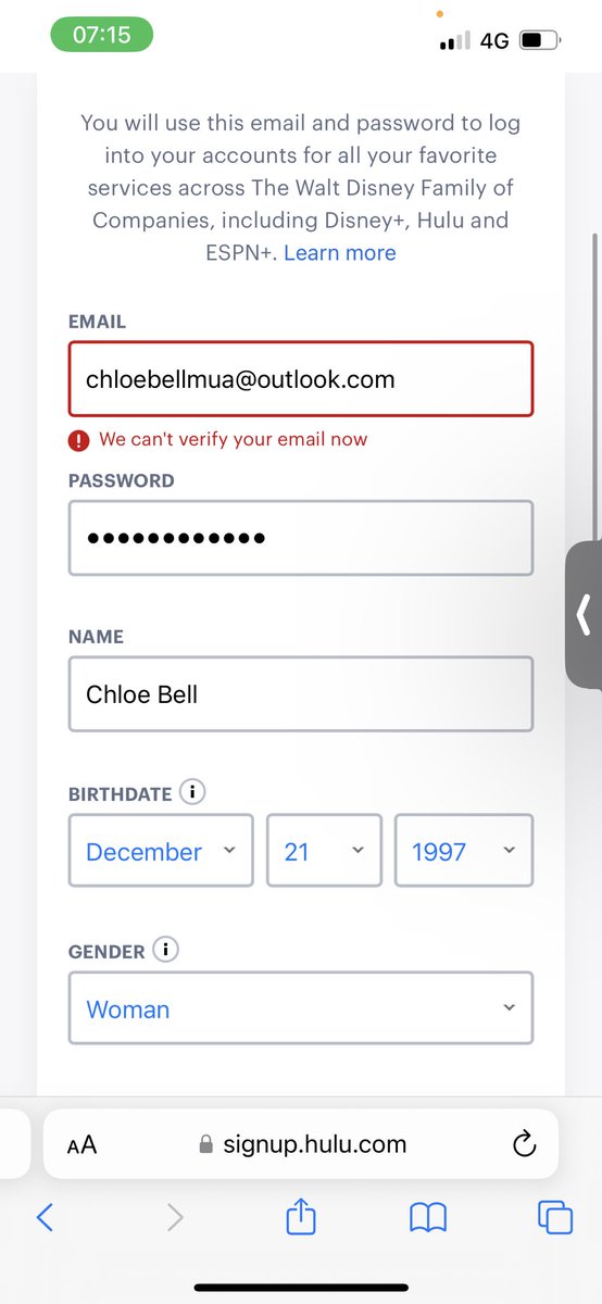 chloebellmua's tweet photo. @hulu trying to sign up for the deal 99c for 1 year but it says it can’t verify my email? Been trying repeatedly for 24 hours and the same every time https://t.co/sW0suCgCPJ
