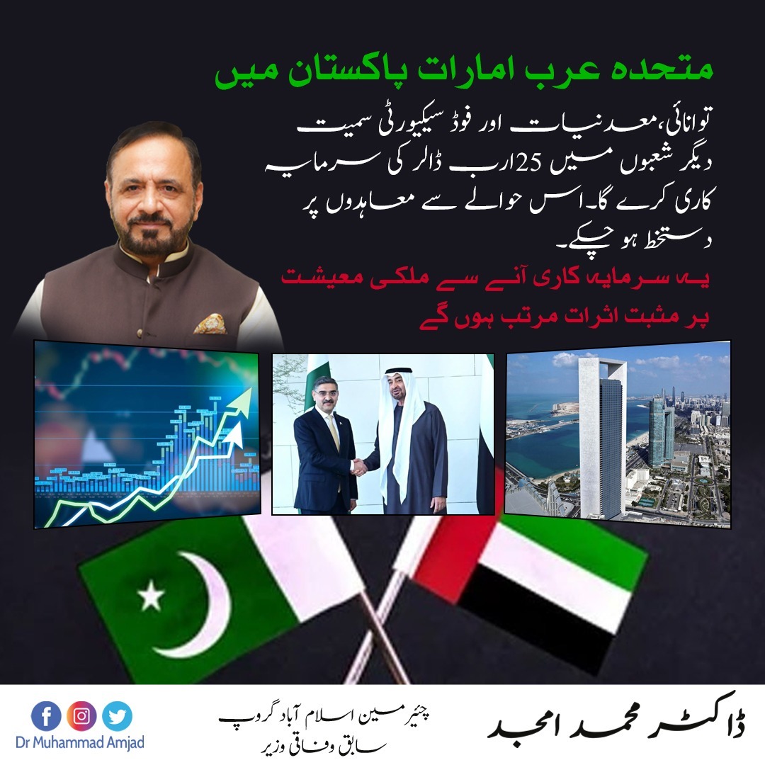 DrAmjadOfficial's tweet photo. متحدہ عرب امارات پاکستان میں توانائی،معدنیات اور فوڈ سیکیورٹی سمیت دیگر شعبوں میں 25ارب ڈالر کی سرمایہ کاری کرے گا۔اس حوالے سے معاہدوں پر دستخط ہو چکے۔یہ سرمایہ کاری آنے سے ملکی معیشت پر مثبت اثرات مرتب ہوں گے.

#UAE #Pakistan https://t.co/epqlitu9AP