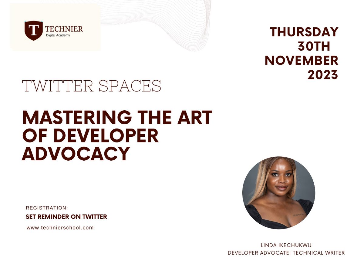 This Thursday join us as <a href="/_MsLinda/">Achalugo</a> a Developer Advocate and Technical Writer takes us through mastering the art of developer advocacy. All we need to know about being a Developer Advocate. 
Set your reminders:
x.com/i/spaces/1rmxP…