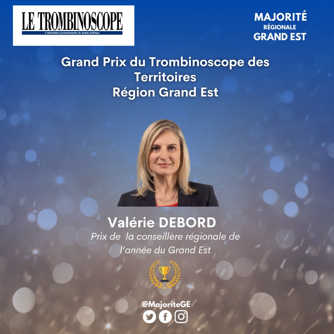 Majorité Grand Est (@majoritege) on Twitter photo Hier soir, <a href="/DebordValerie/">Valérie Debord</a> s’est vue remettre le prix de la meilleure Conseillère régionale #GrandEst de l’année par <a href="/LeTrombinoscope/">Le Trombinoscope</a> ! Une récompense 🥇méritée pour son engagement constant en faveur de la Région et de la #FormationProfessionnelle Hier soir, <a href="/DebordValerie/">Valérie Debord</a> s’est vue remettre le prix de la meilleure Conseillère régionale #GrandEst de l’année par <a href="/LeTrombinoscope/">Le Trombinoscope</a> ! Une récompense 🥇méritée pour son engagement constant en faveur de la Région et de la #FormationProfessionnelle