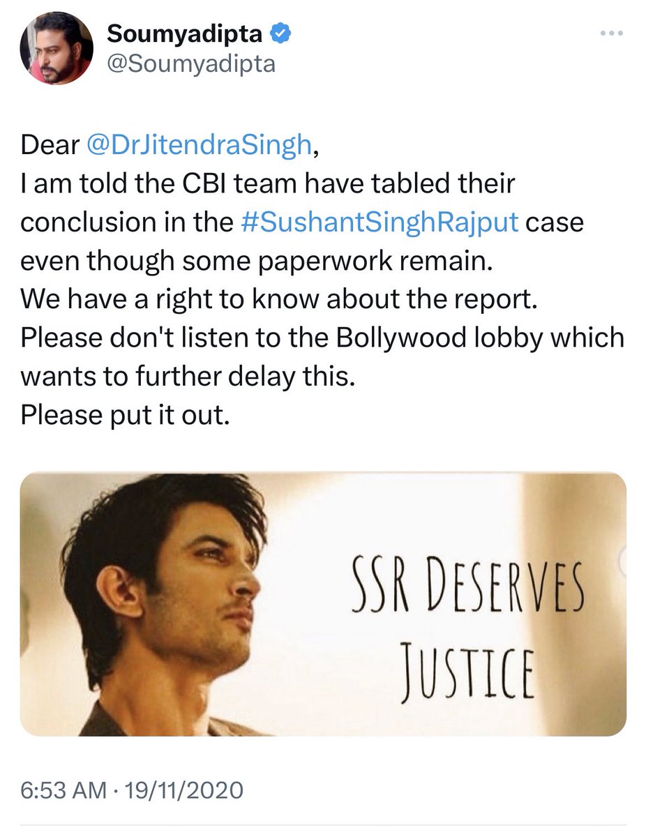 PriyaSi47091986's tweet image. Delay Dubious InSSRCase
Did @CBIHeadquarters "table their conclusion"- in Nov'20?-w/out having imposed 302/custodials/arrests? What is #CBI upto now❓️ Waiting endlessly 4data retrieval via MLAT?-A #ploy to keep things hanging-till when @Copsview??
@PMOIndia
@HMOIndia @DoPTGoI
